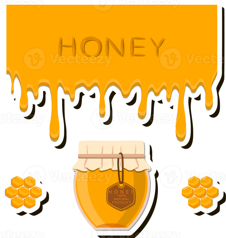 Illustration on theme sugary flowing down honey in honeycomb with bee png