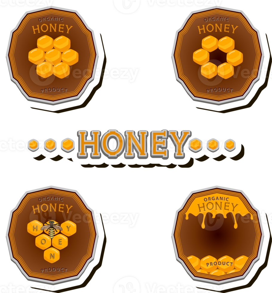 Illustration on theme for label of sugary flowing down honey in honeycomb with bee png