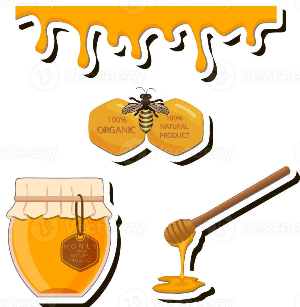 Illustration on theme sugary flowing down honey in honeycomb with bee png