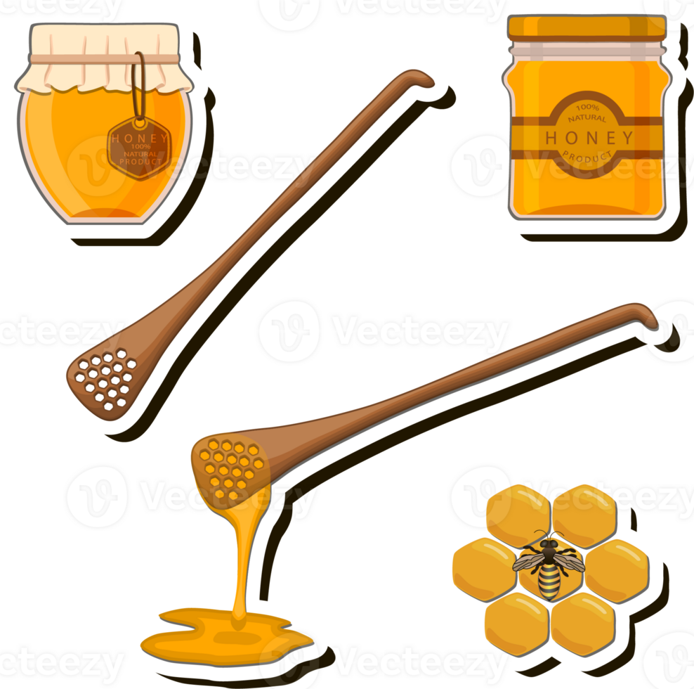 Illustration on theme sugary flowing down honey in honeycomb with bee png