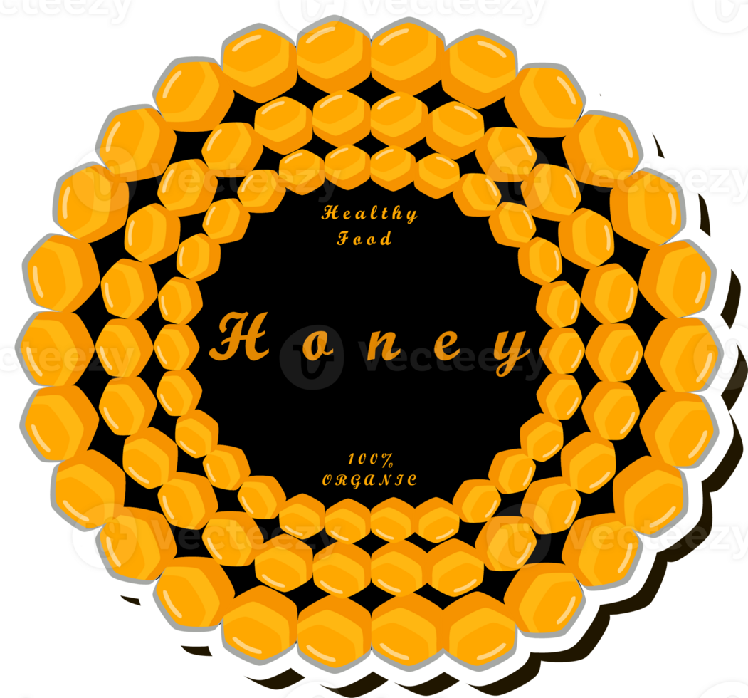 Illustration on theme for label of sugary flowing down honey in honeycomb with bee png