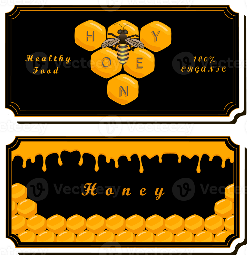 Illustration on theme for label of sugary flowing down honey in honeycomb with bee png