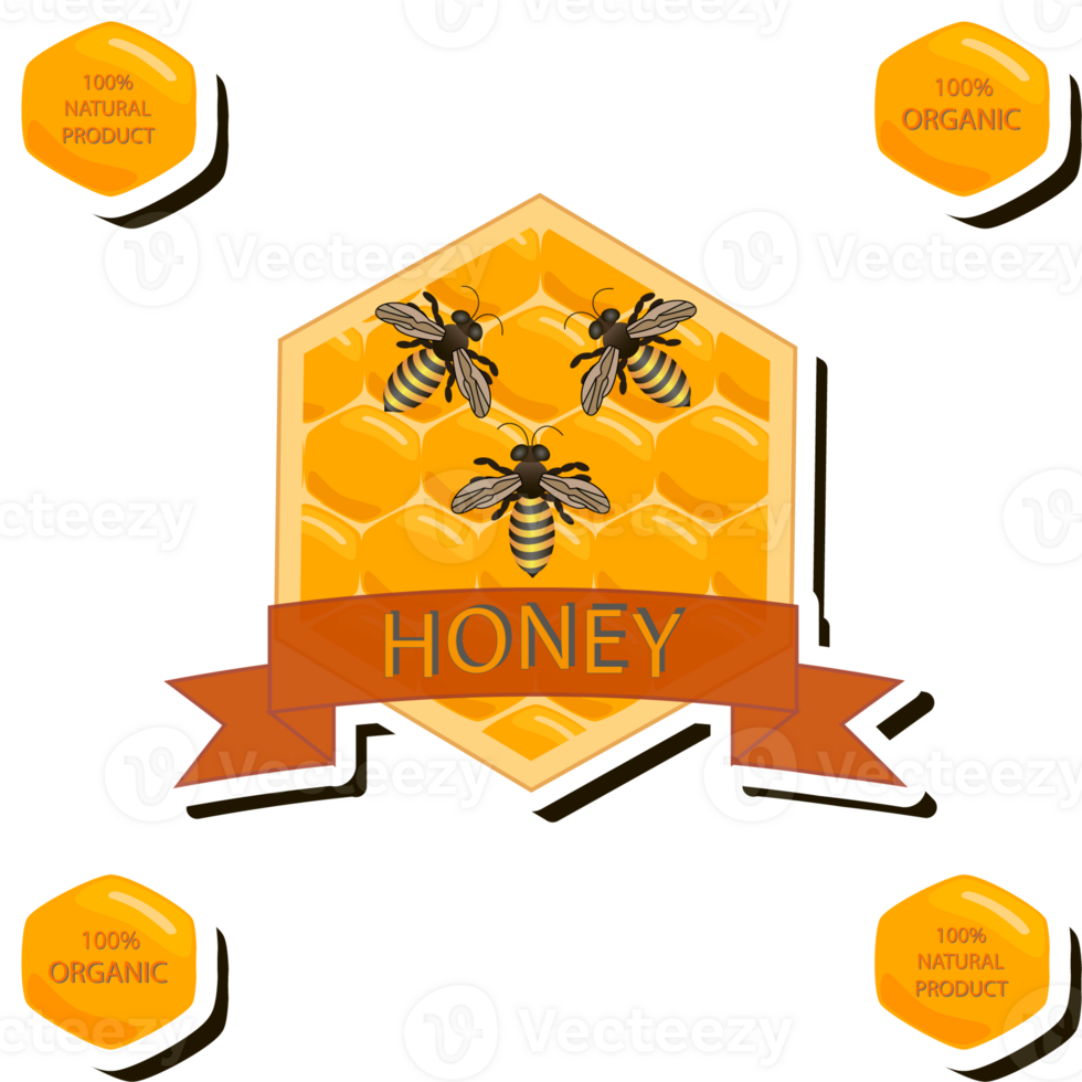 Illustration on theme for label of sugary flowing down honey in honeycomb with bee png