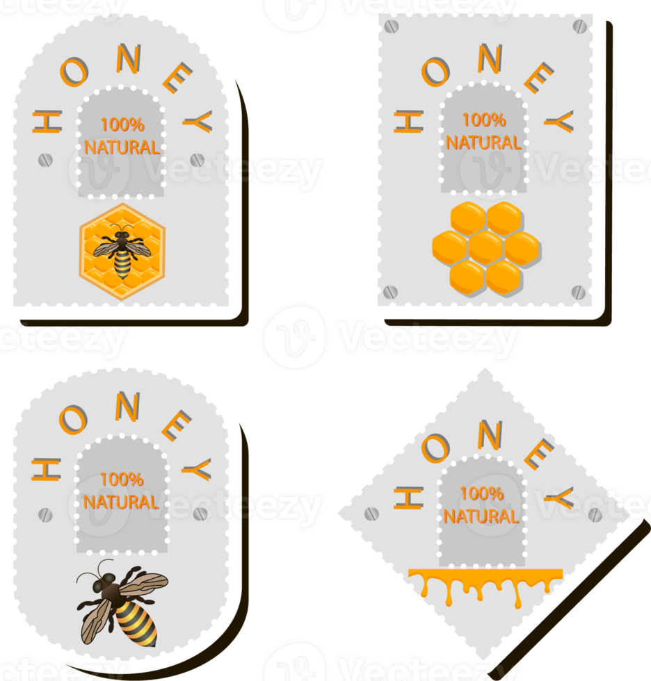 Illustration on theme for label of sugary flowing down honey in honeycomb with bee png