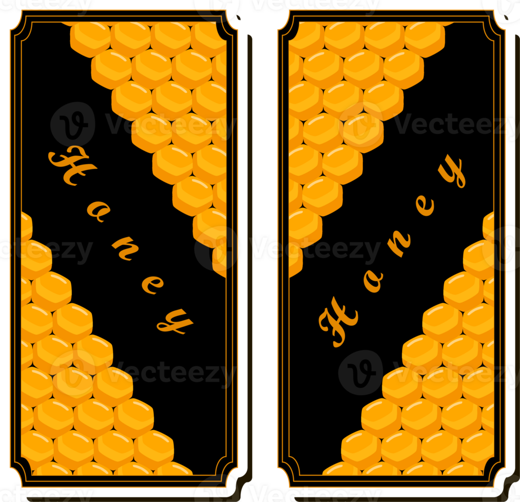 Illustration on theme for label of sugary flowing down honey in honeycomb with bee png