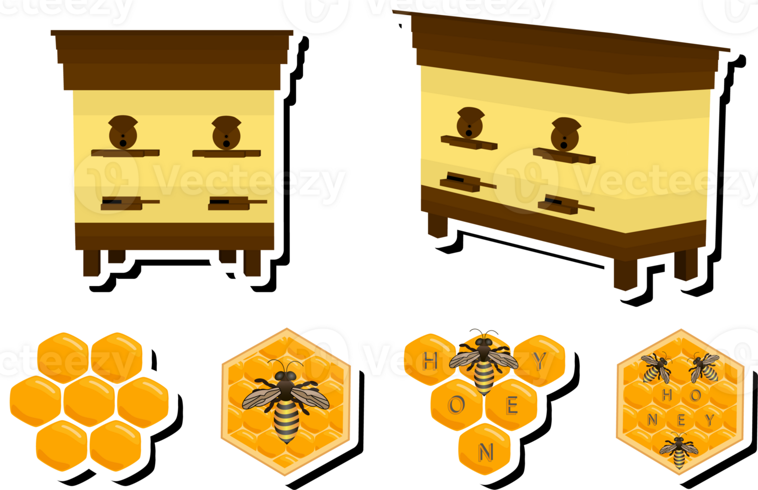 Illustration on theme for label of sugary flowing down honey in honeycomb with bee png