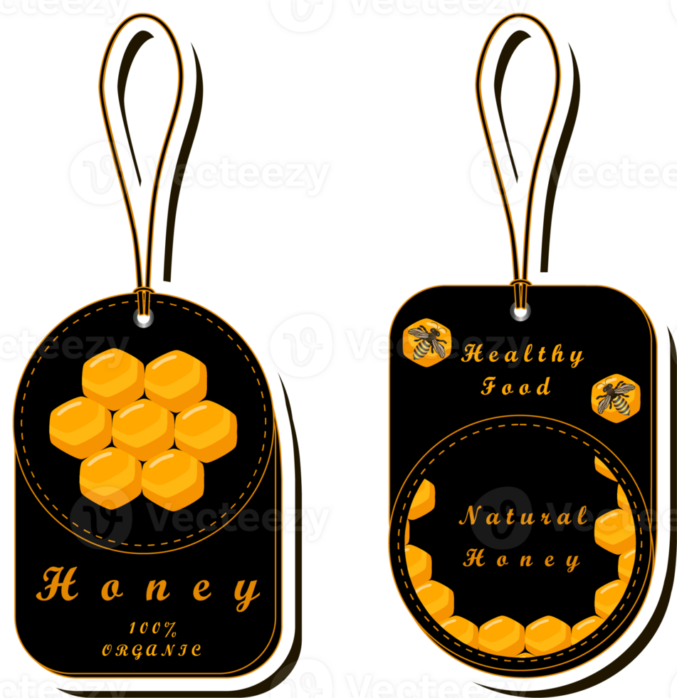 Illustration on theme for label of sugary flowing down honey in honeycomb with bee png