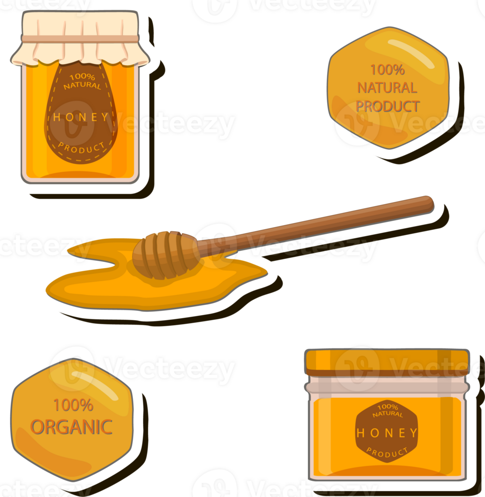 Illustration on theme sugary flowing down honey in honeycomb with bee png