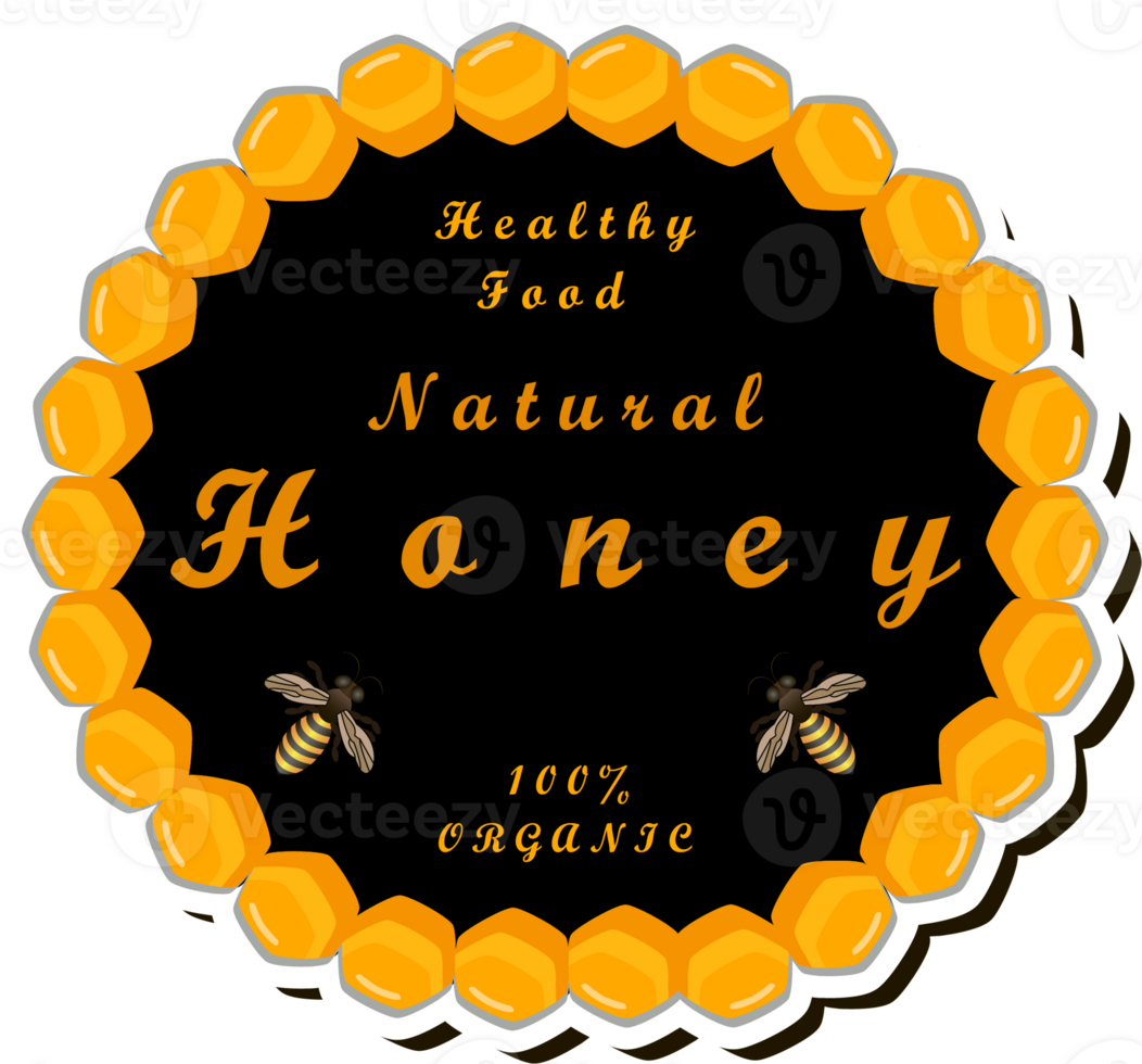 Illustration on theme for label of sugary flowing down honey in honeycomb with bee png