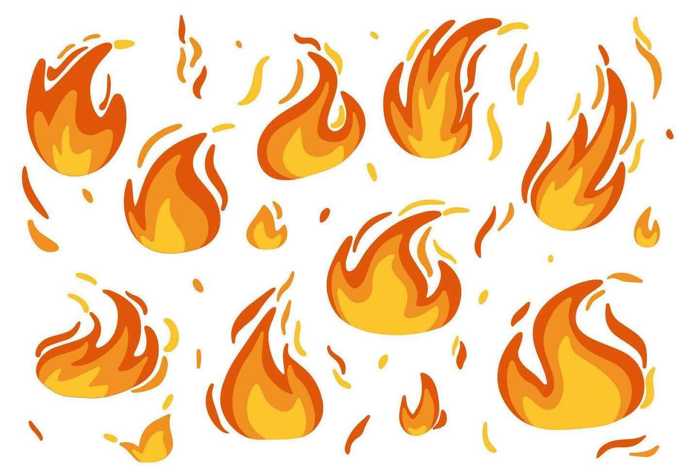 conjunto de plano icono llamas incendios, con ardiente rojo caliente chispas aislado en blanco antecedentes. vector ilustración