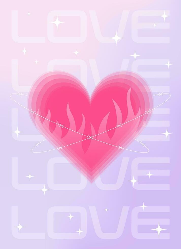 Modern y2k design Valentine's Day poster, greeting card. Trendy aesthetic minimalist vector illustrations with aura heart, abstract shapes, flame, gradient and typography.