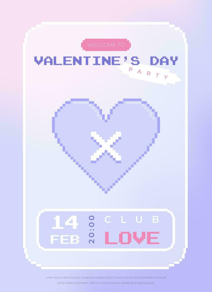 Modern y2k pixel design Valentine's Day party invitation and poster. Trendy aesthetic minimalist vector illustrations with pixel heart, abstract shapes, gradient and typography.