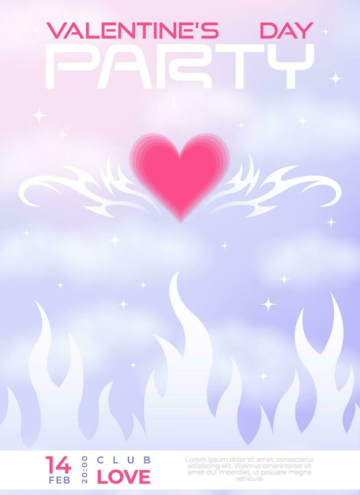 Modern y2k design Valentine's Day party invitation and poster. Trendy vector illustration with aura heart in clouds, flame, tatoo, shapes, stars, gradient and typography.