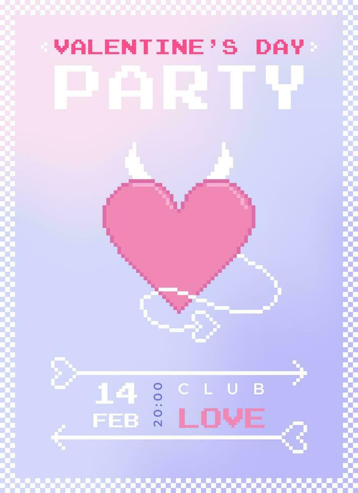 Modern y2k pixel design Valentine's Day party invitation and poster. Trendy aesthetic minimalist vector illustrations with pixel angel heart, abstract shapes, gradient and typography.
