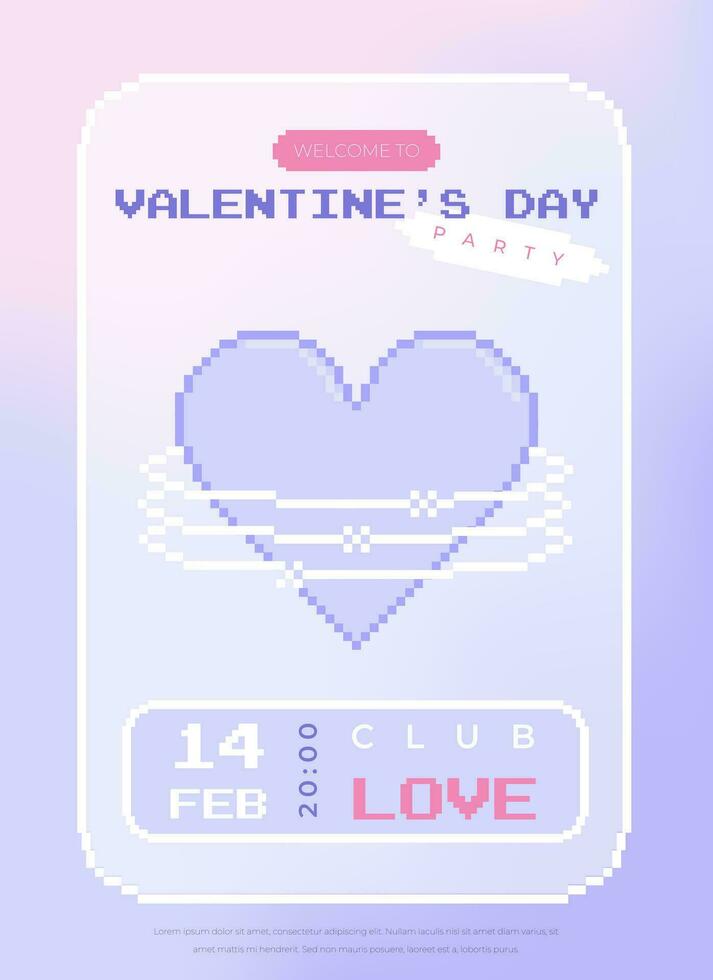 Modern y2k pixel design Valentine's Day party invitation and poster. Trendy aesthetic minimalist vector illustrations with pixel heart, abstract shapes, gradient and typography.