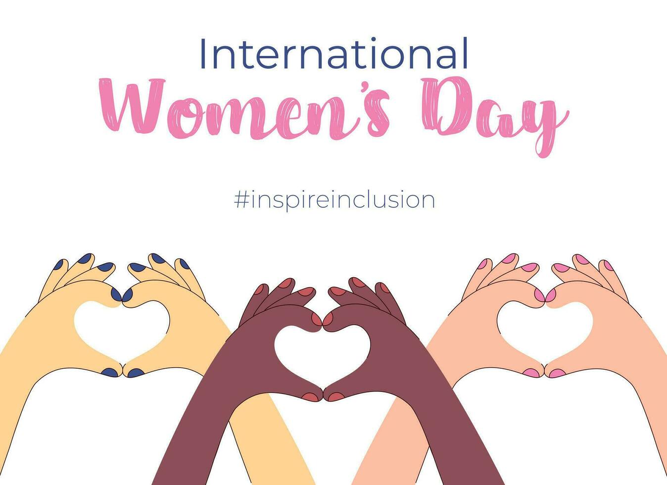 International Women's Day poster, banner. Inspire inclusion. Women of different ethnicity showing heart with hands. Flat cartoon style vector illustration.