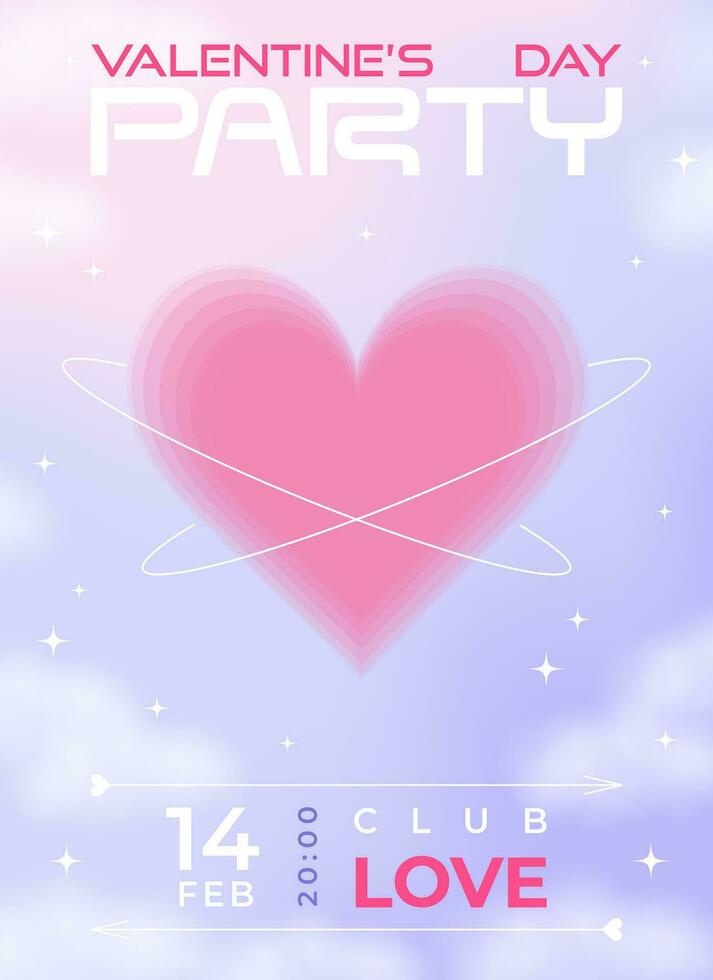 Modern y2k design Valentine's Day party invitation, poster. Trendy aesthetic soft color vector illustrations with aura heart in clouds, abstract shapes, stars, gradient and typography.