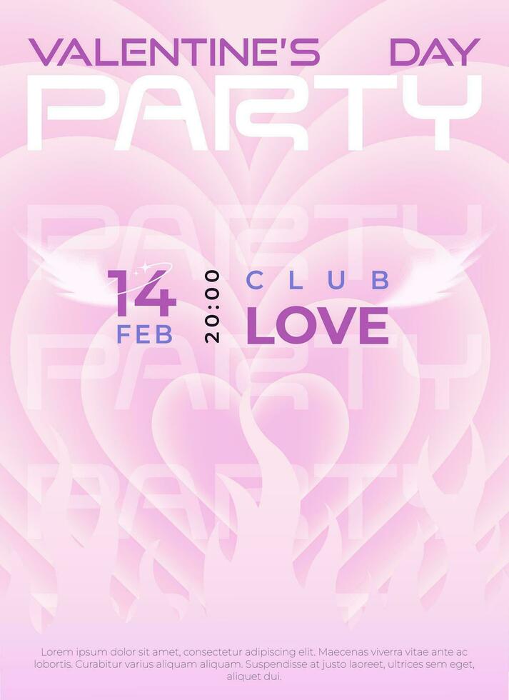 Modern y2k design Valentine's Day party invitation, poster. Trendy aesthetic minimalist vector illustrations with aura hearts, abstract shapes, flame, gradient and typography.