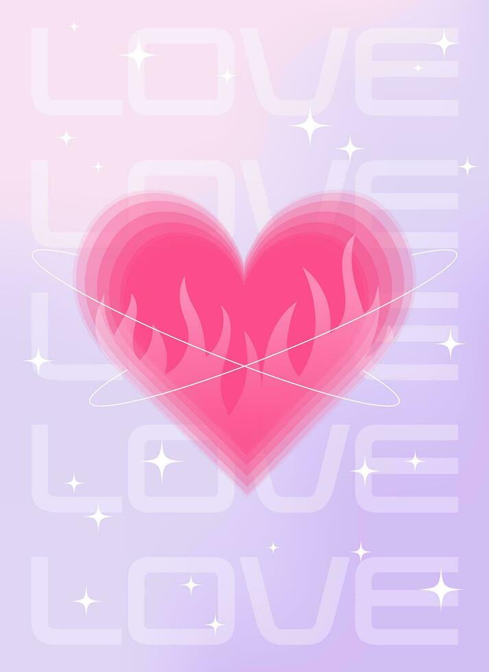 Modern y2k design Valentine's Day poster, greeting card. Trendy aesthetic minimalist vector illustrations with aura heart, abstract shapes, flame, gradient and typography.