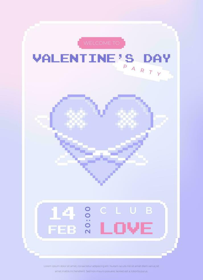 Modern y2k pixel design Valentine's Day party invitation and poster. Trendy aesthetic minimalist vector illustrations with pixel heart, abstract shapes, gradient and typography.