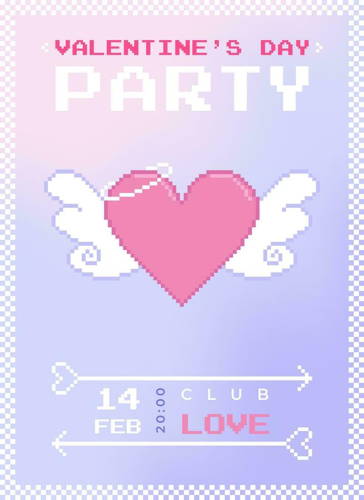 Modern y2k pixel design Valentine's Day party invitation and poster. Trendy aesthetic minimalist vector illustrations with pixel angel heart, abstract shapes, gradient and typography.