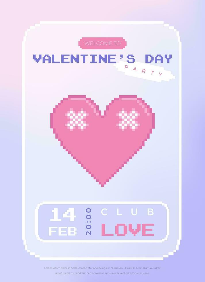 Modern y2k pixel design Valentine's Day party invitation and poster. Trendy aesthetic minimalist vector illustrations with pixel heart, abstract shapes, gradient and typography.