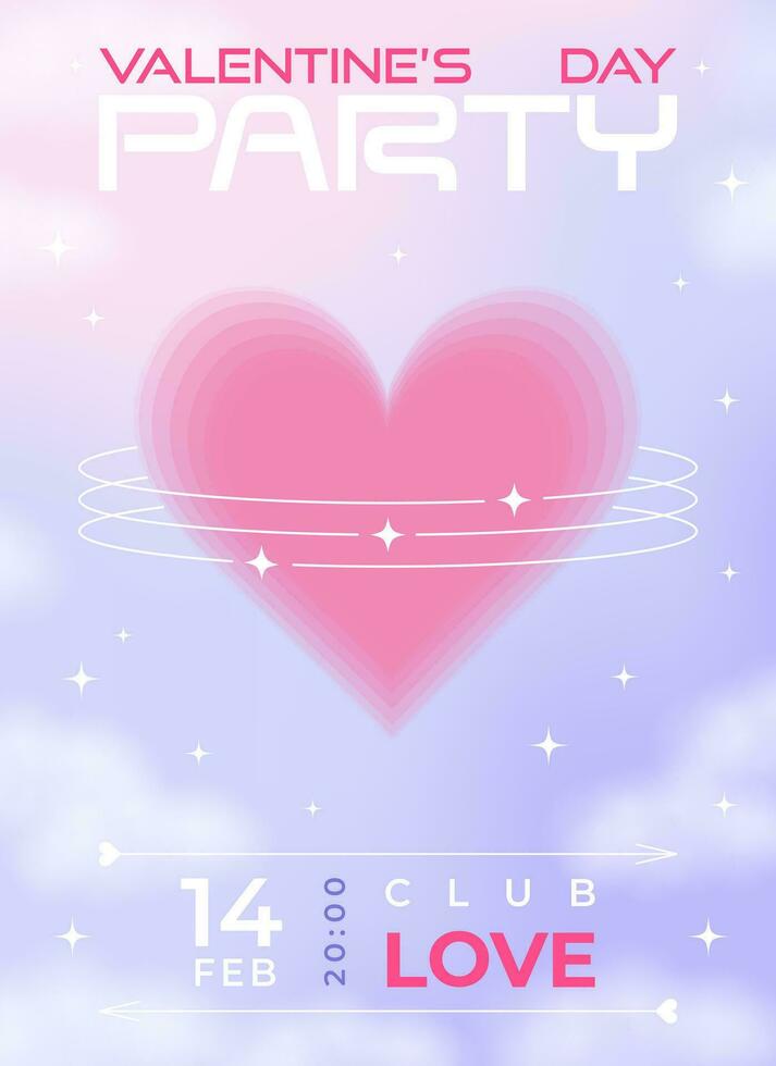 Modern y2k design Valentine's Day party invitation, poster. Trendy aesthetic soft color vector illustrations with aura heart in clouds, abstract shapes, stars, gradient and typography.