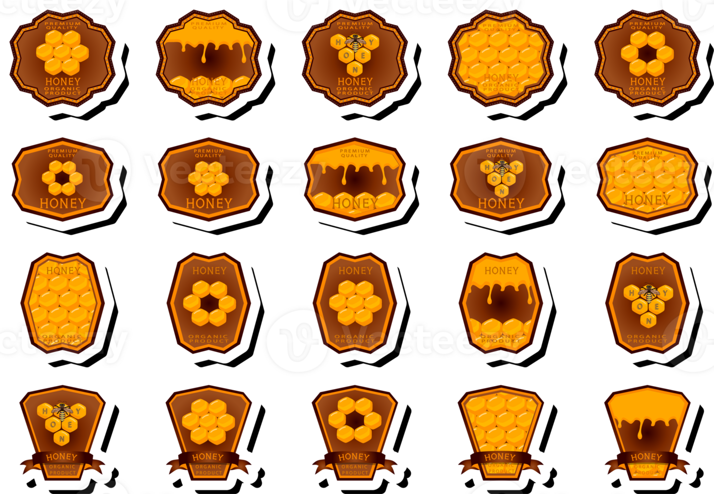 Illustration on theme for label of sugary flowing down honey in honeycomb with bee png