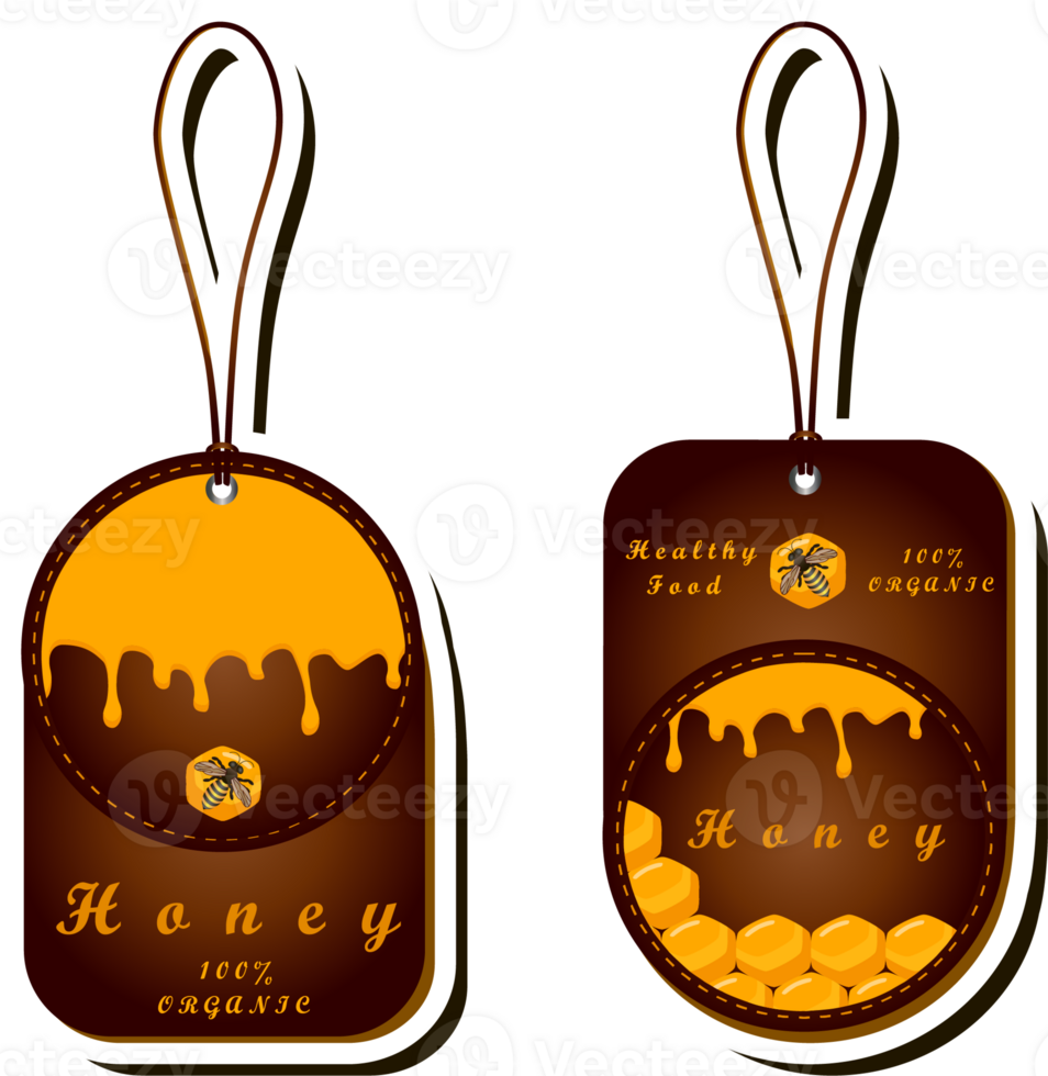 Illustration on theme for label of sugary flowing down honey in honeycomb with bee png