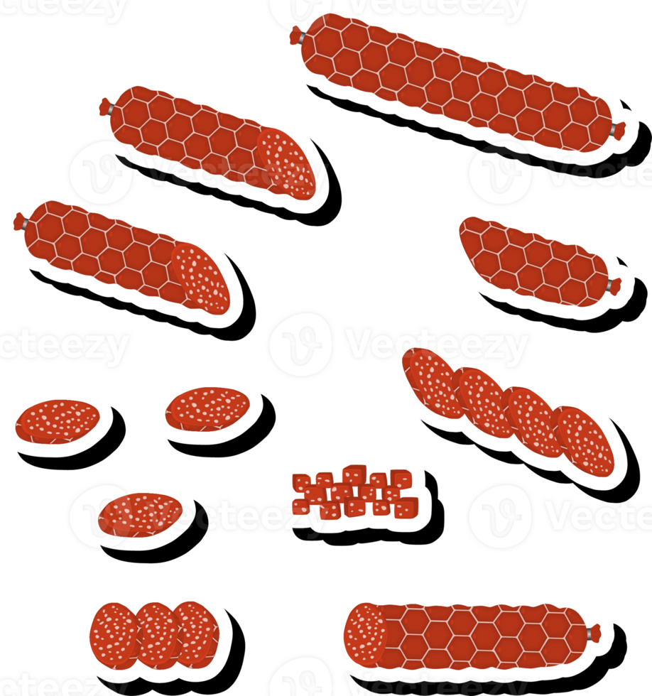 Illustration on theme big set different types delicatessen meat sausages png