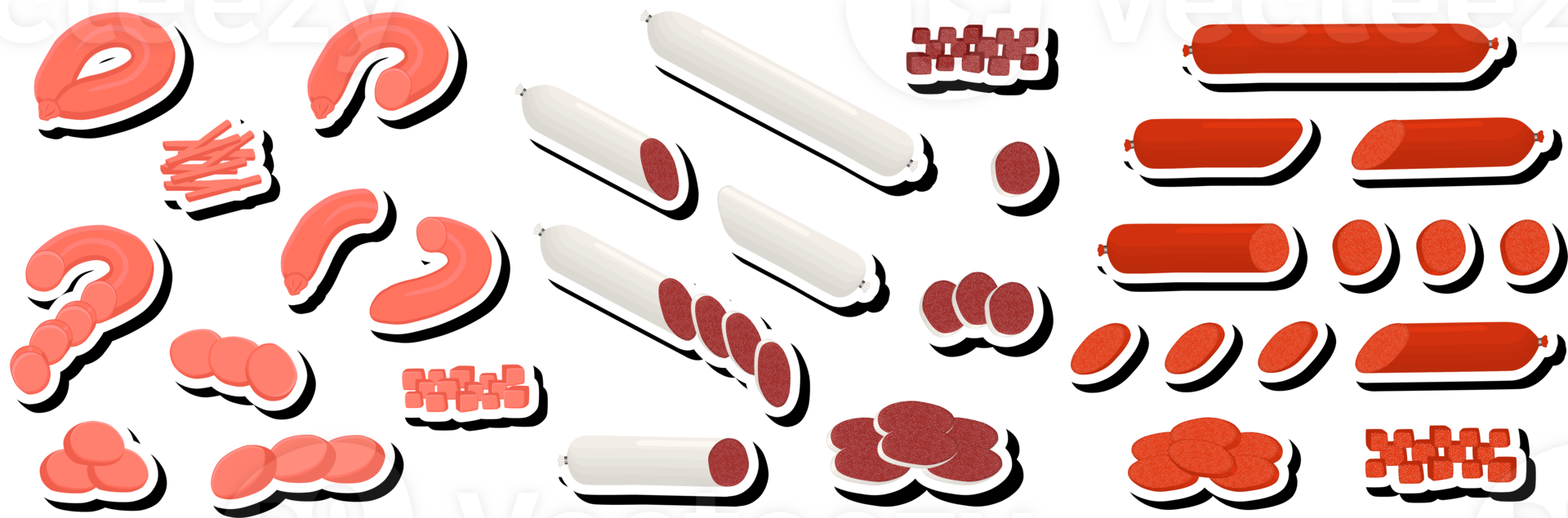 Illustration on theme big set different types delicatessen meat sausages png