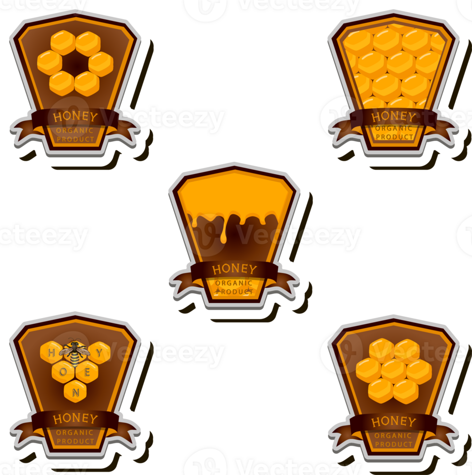 Illustration on theme for label of sugary flowing down honey in honeycomb with bee png