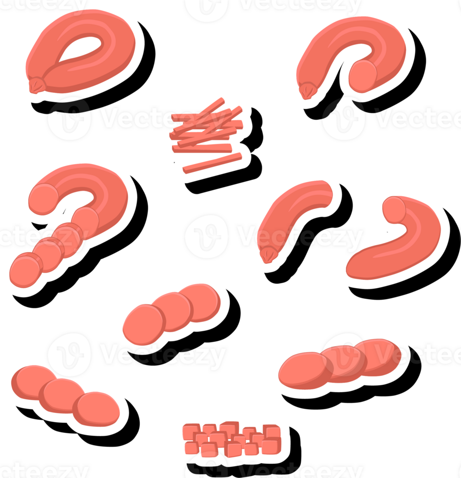 Illustration on theme big set different types delicatessen meat sausages png