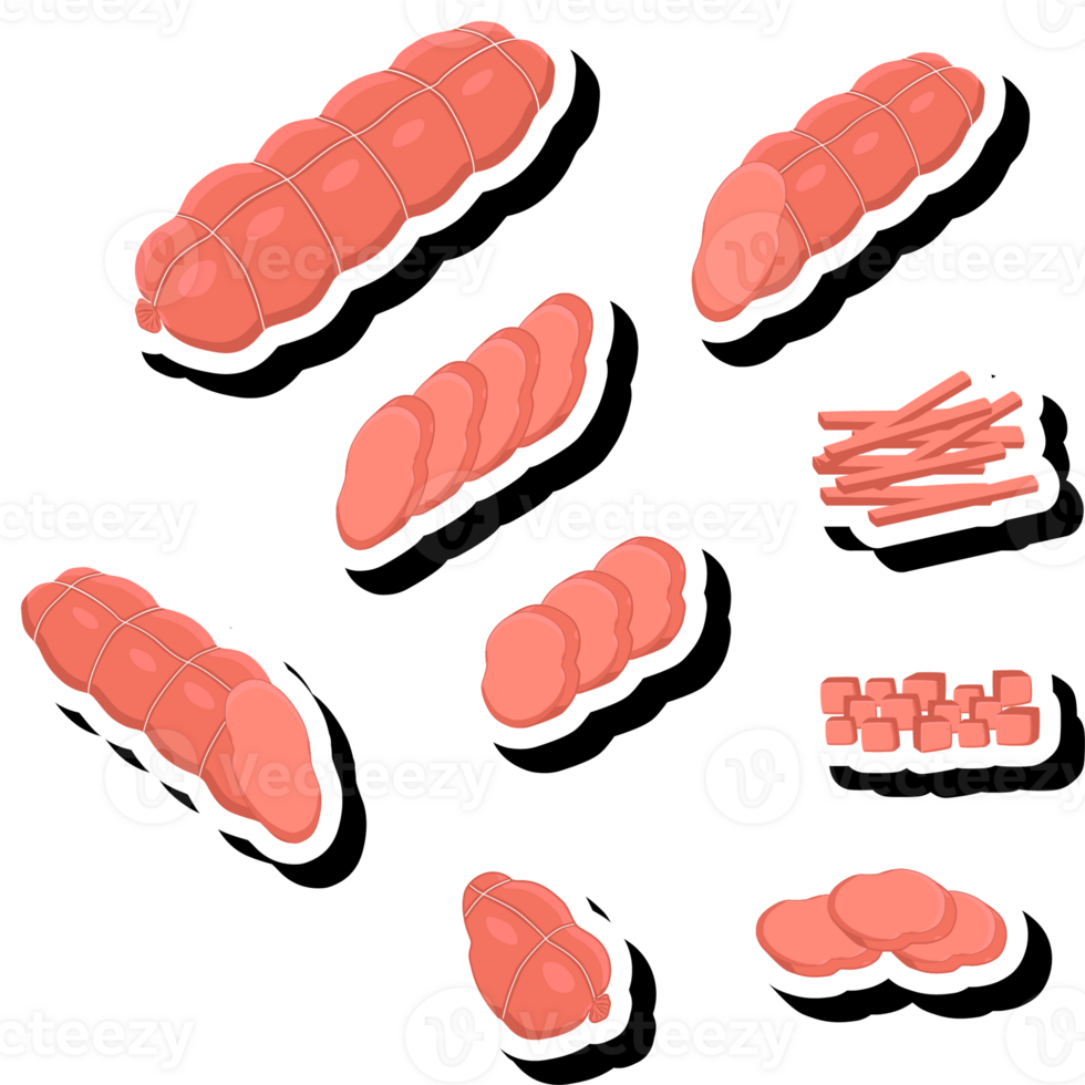 Illustration on theme big set different types delicatessen meat sausages png