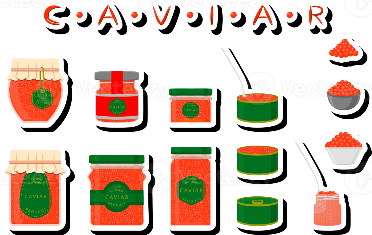 big set various types fish caviar, metal can different size png