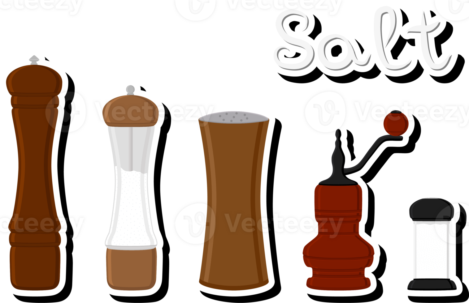 Illustration on theme big set different types ware filled salt for organic cooking png