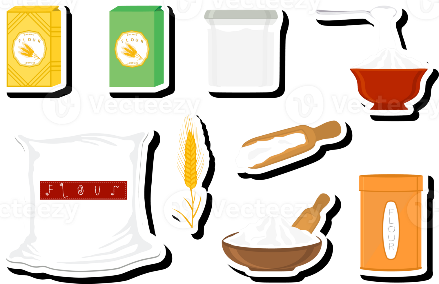 Illustration on theme big set different types dishware filled wheat flour png