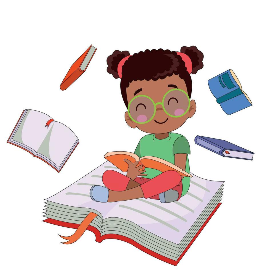 linda pequeño niños leyendo libro vector