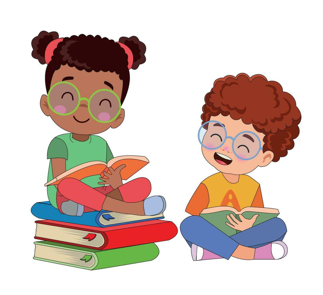 linda pequeño niños leyendo libro vector