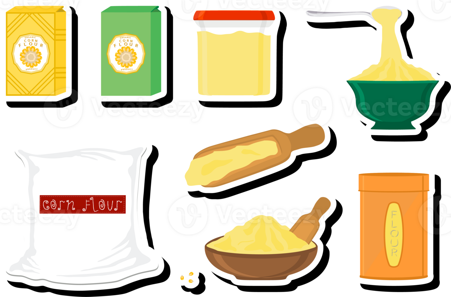Illustration on theme big set different types dishware filled corn flour png