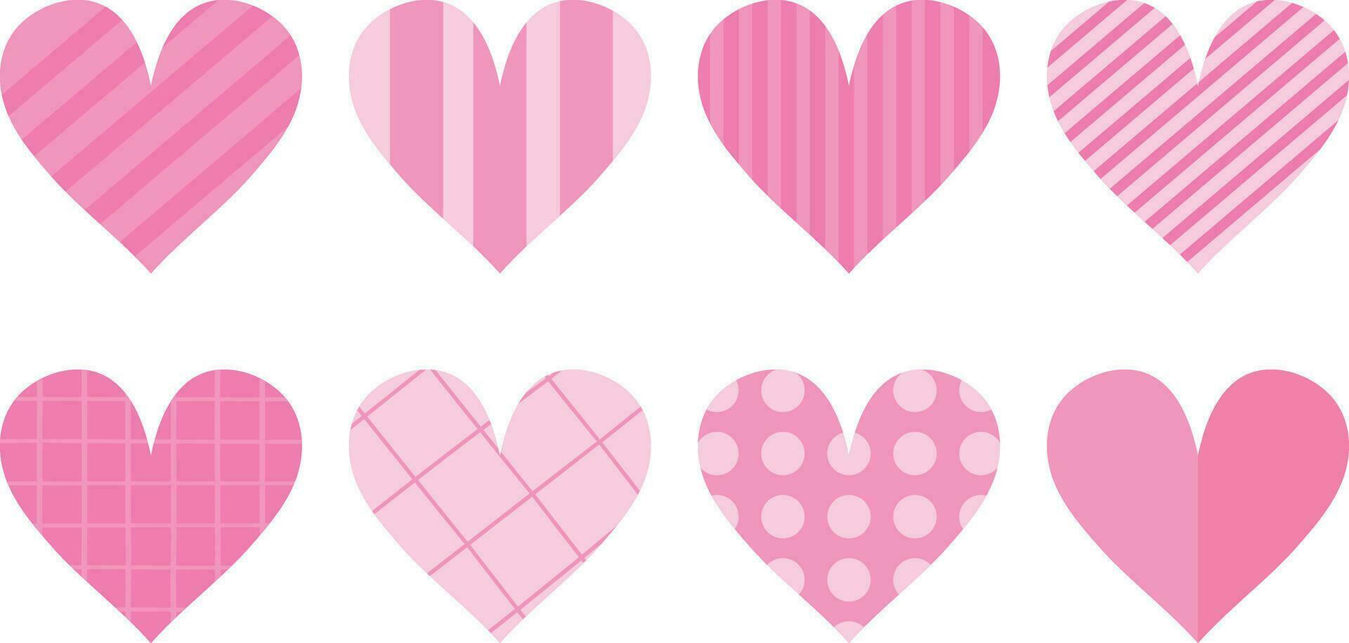 Pink heart icon set with various patterns. Dots, stripes and square ornaments. Decoration elements for greeting and love cards isolated on white background. Vector illustration