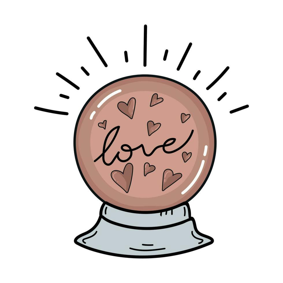 Magical fortune telling ball with predicted love. Magical craft in boho sketch style. Vector illustration