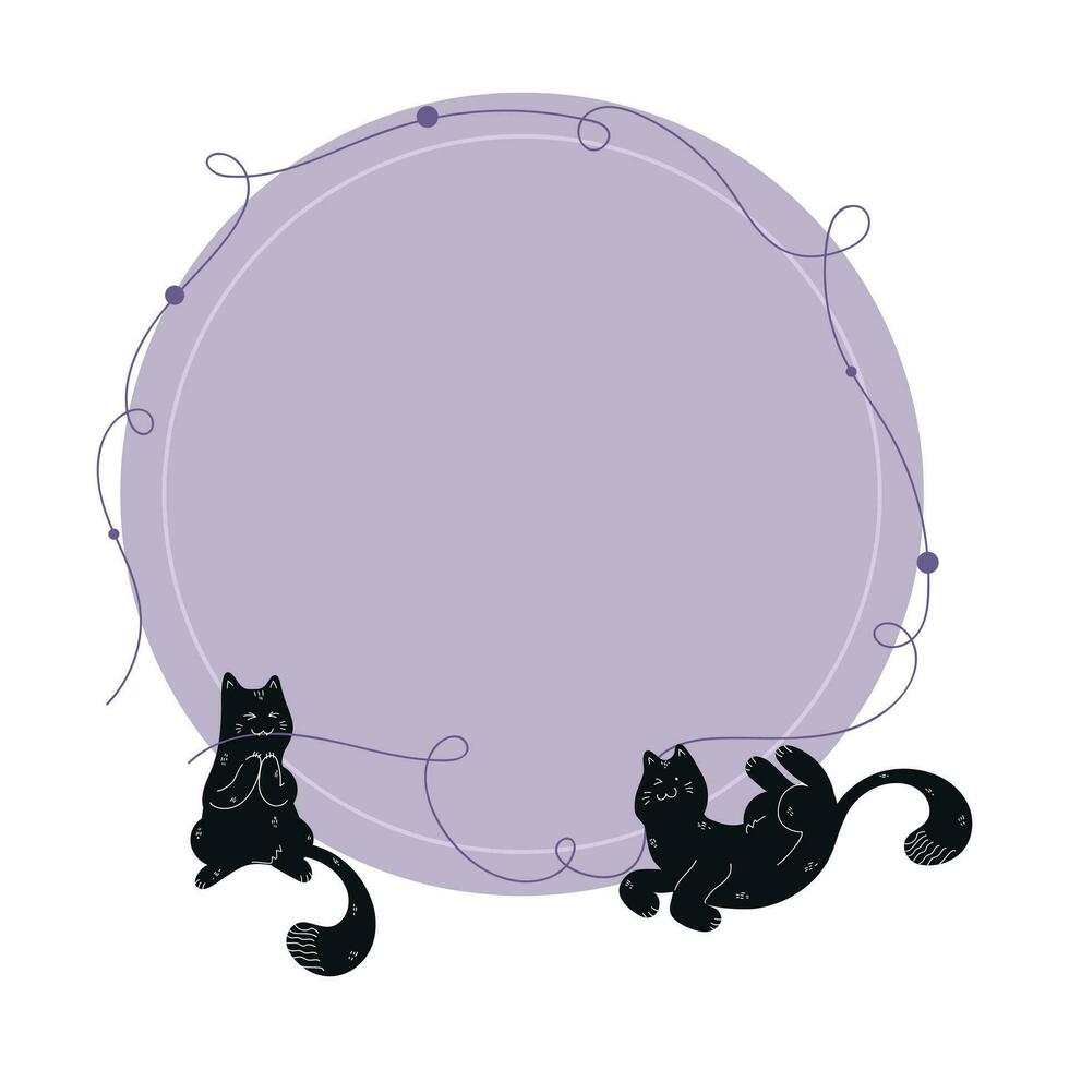 Circle template decorated with black hand drawn cat silhouettes drawn in boho style. Circle with blank space decorated black cats with white ornament. Vector illustration