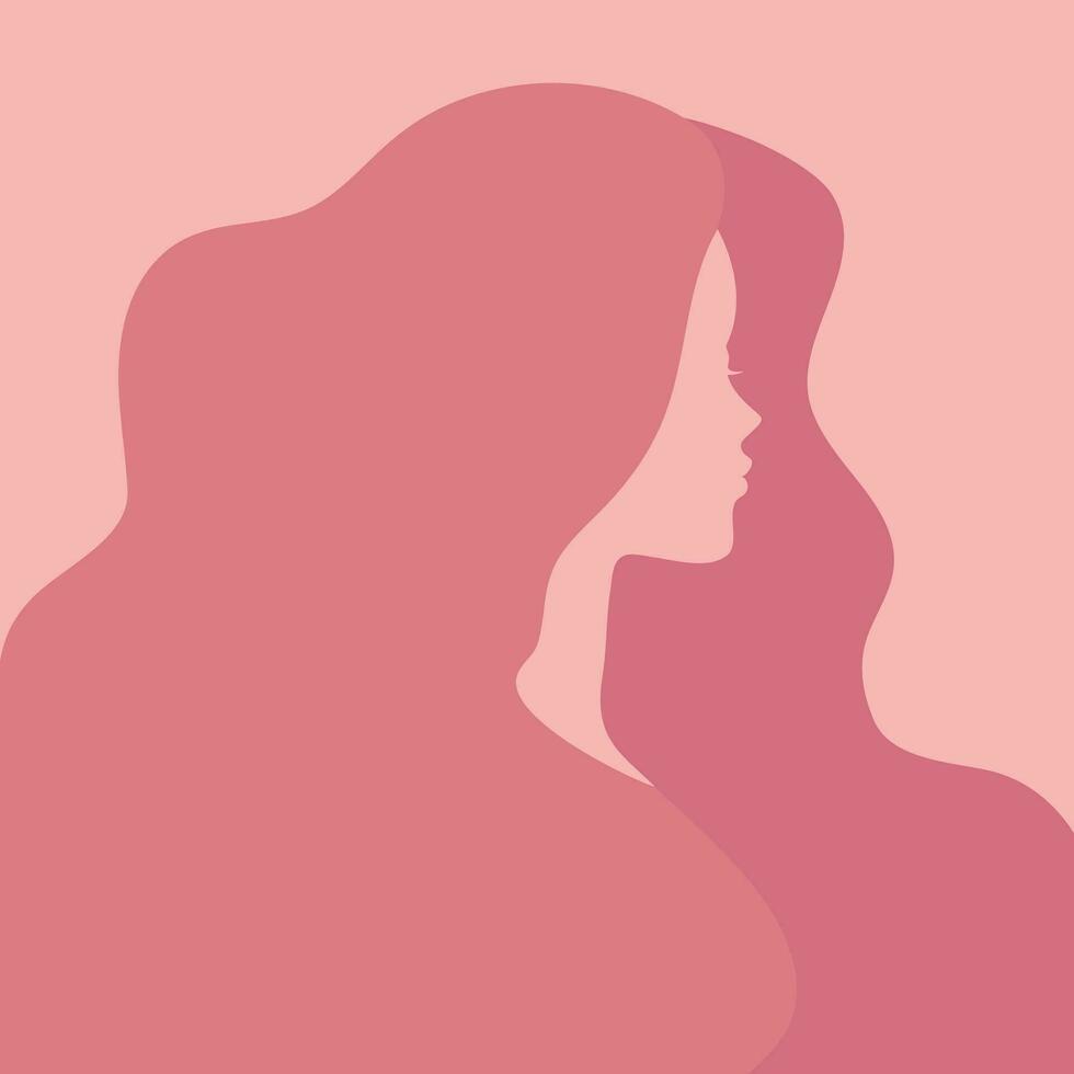 silueta de un mujer con un largo pelo en rosado antecedentes. sin rostro mujer retrato. vector ilustración