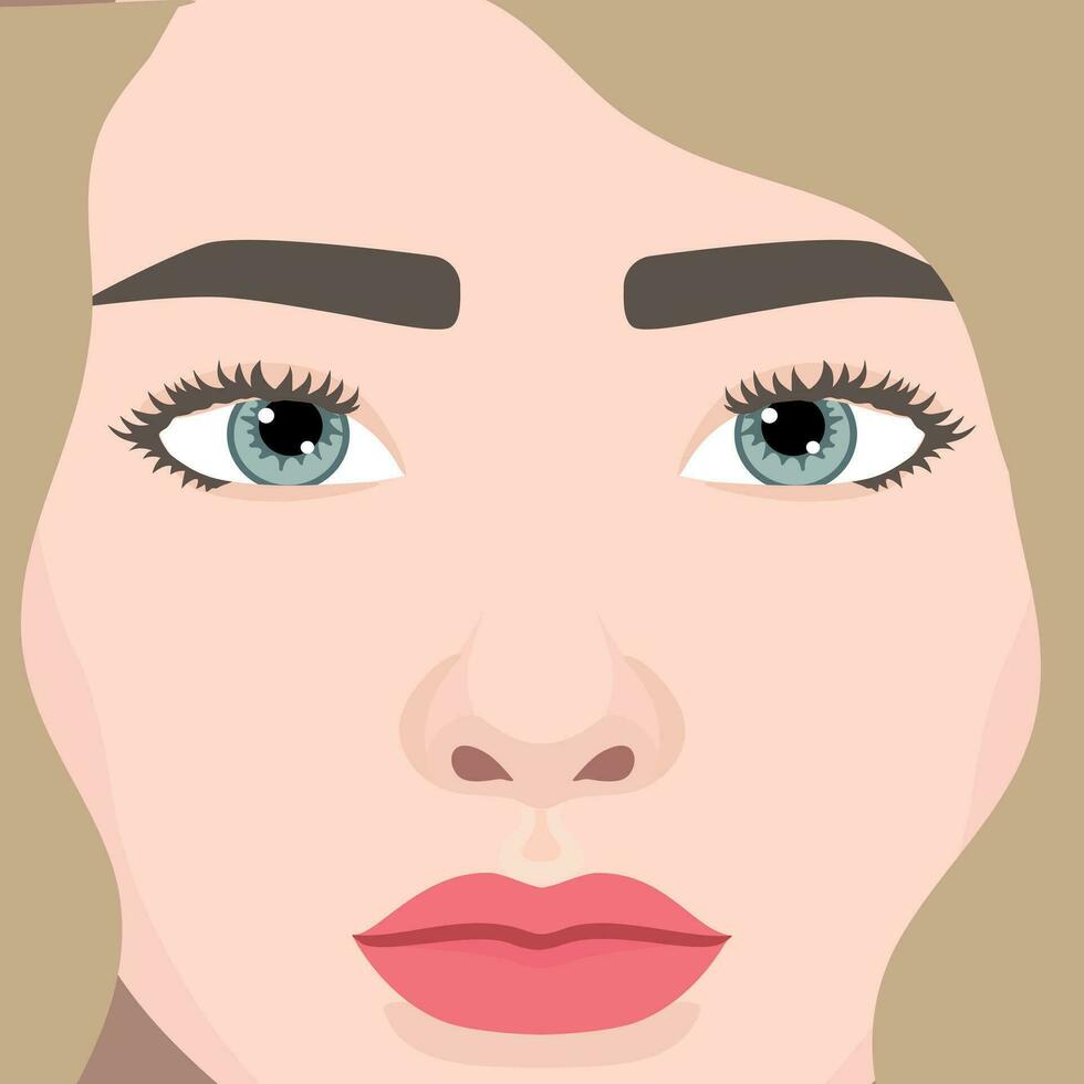 Beautiful woman face close up. Woman with wavy hair and blue eyes. Vector illustration