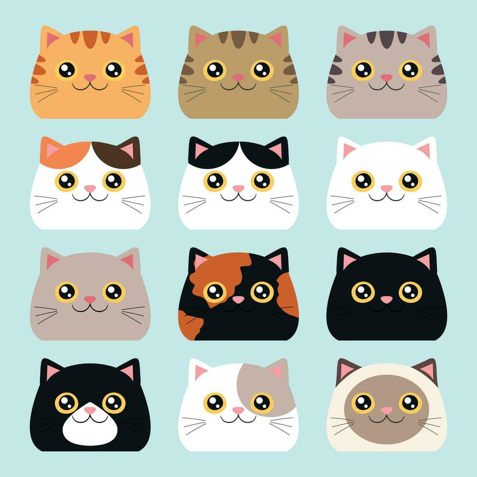 colección de gato cabezas con diferente colores. gatos con diferente color patrones. vector ilustración