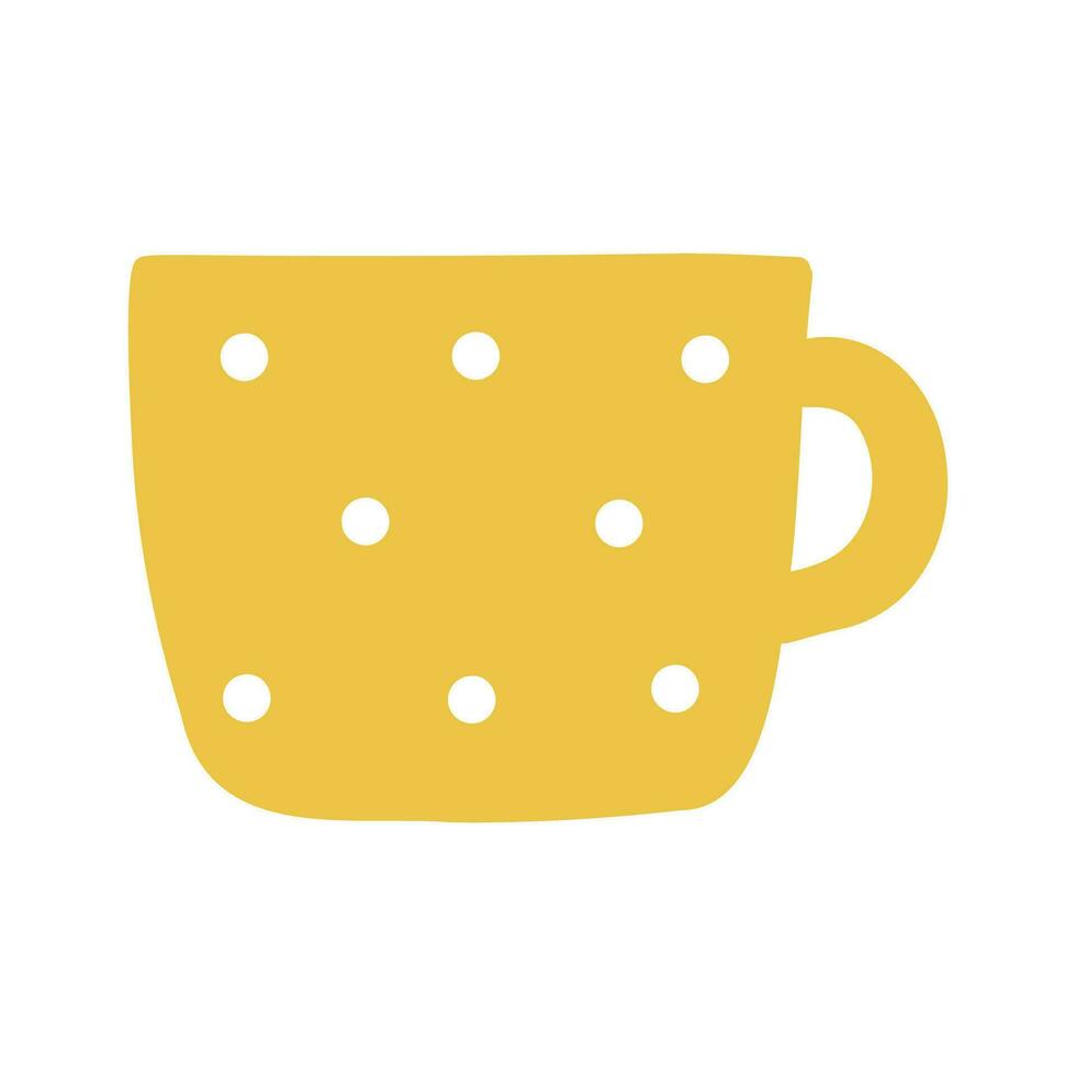 Yellow cup mug isolated vector icon. Single object clipart mug with handle. Flat colored design. Cup of coffee, tea, hot drink, cacao. Cute design element.