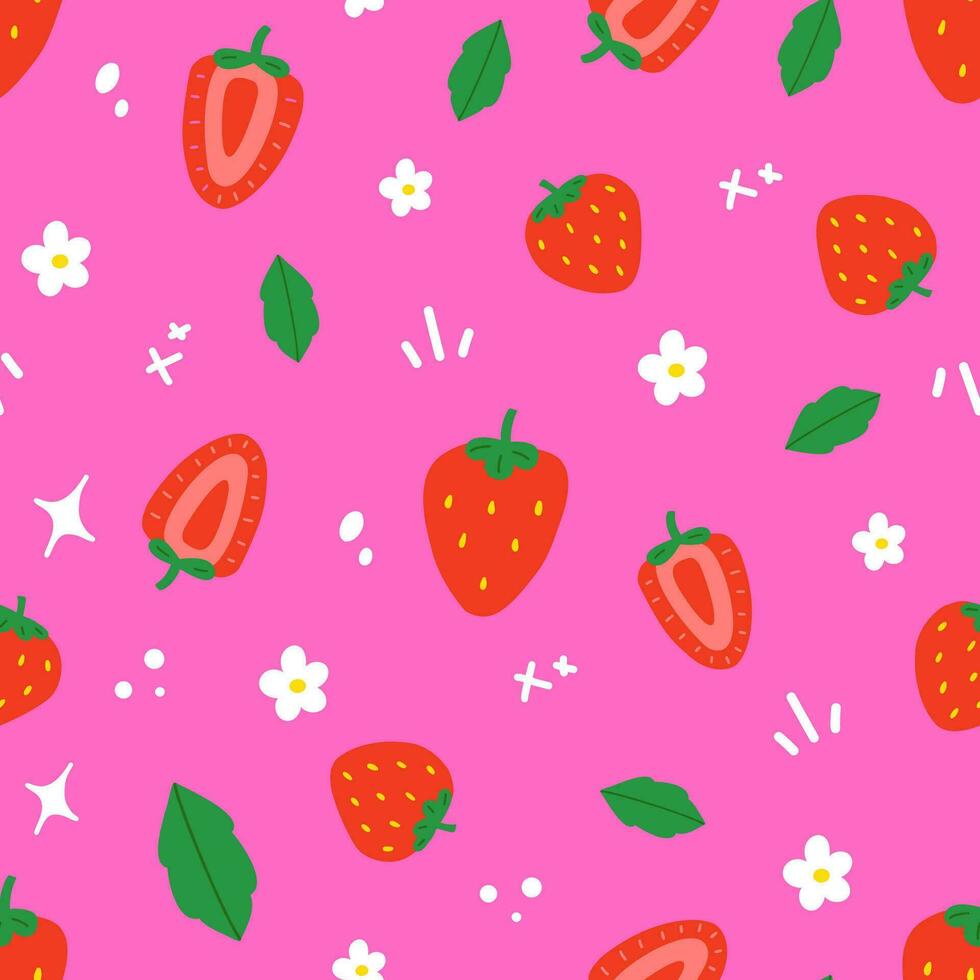 Strawberry Seamless Pattern Background Vector Design. Cute hand drawn surface pattern in bright colors. Pink, red, green, yellow and white.