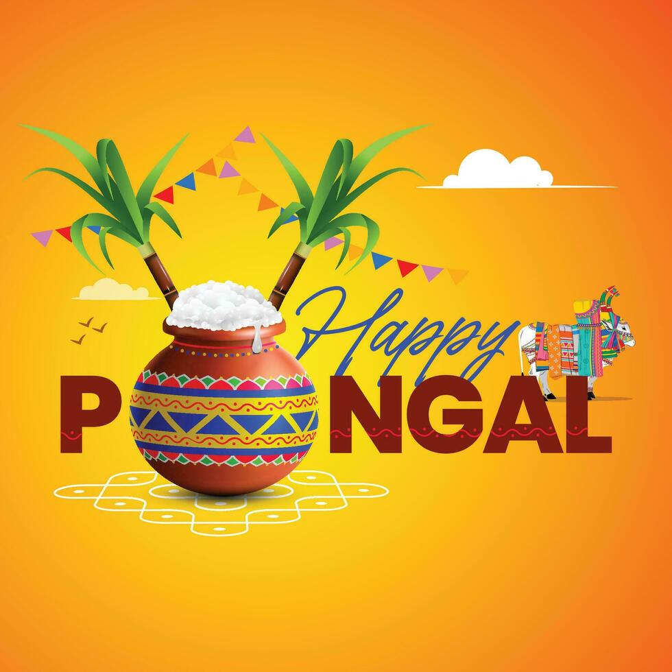 ilustración del feliz festival de la cosecha navideña pongal de tamil nadu, sur de la india, fondo de saludo vector