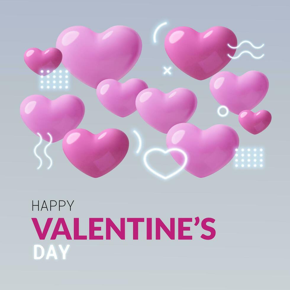 Valentine's Day abstract square card or flyer with 3D realistic pink hearts and neon geometric shape vector